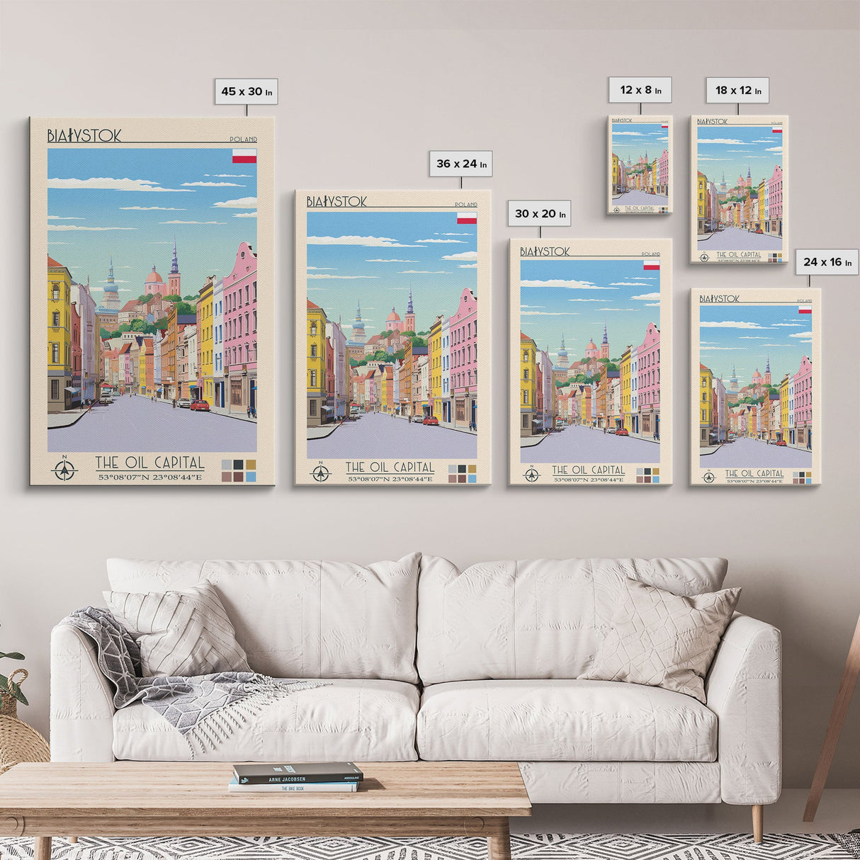 Białystok Poland Travel Poster Framed Canvas Print, Midcentury Modern Art, Pop Art Wall Decor, Home Decor, Vacation Gift, Living Room Art