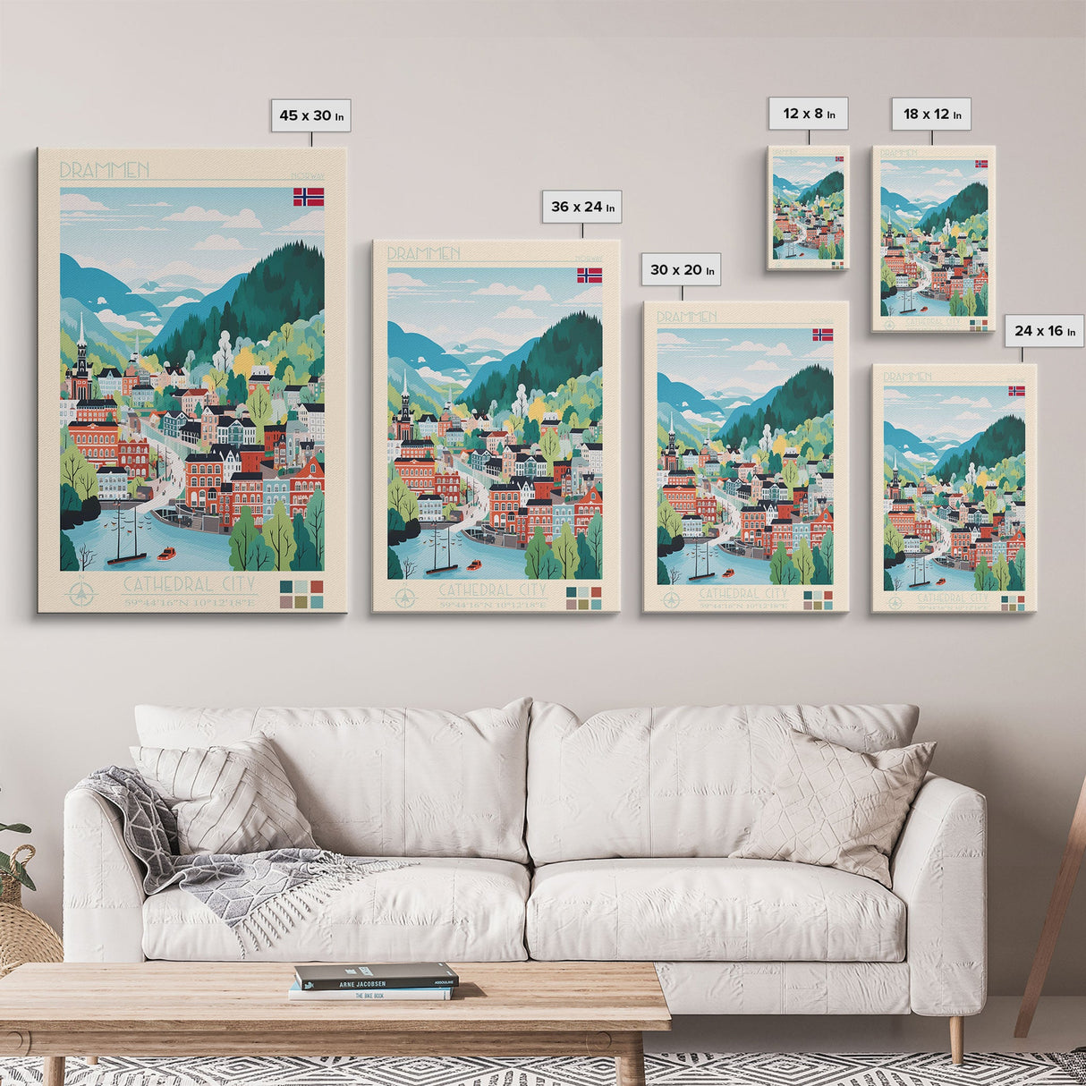 Drammen Norway Travel Poster Framed Canvas Print, Midcentury Modern Art, Pop Art Wall Decor, Home Decor, Vacation Gift, Living Room Art