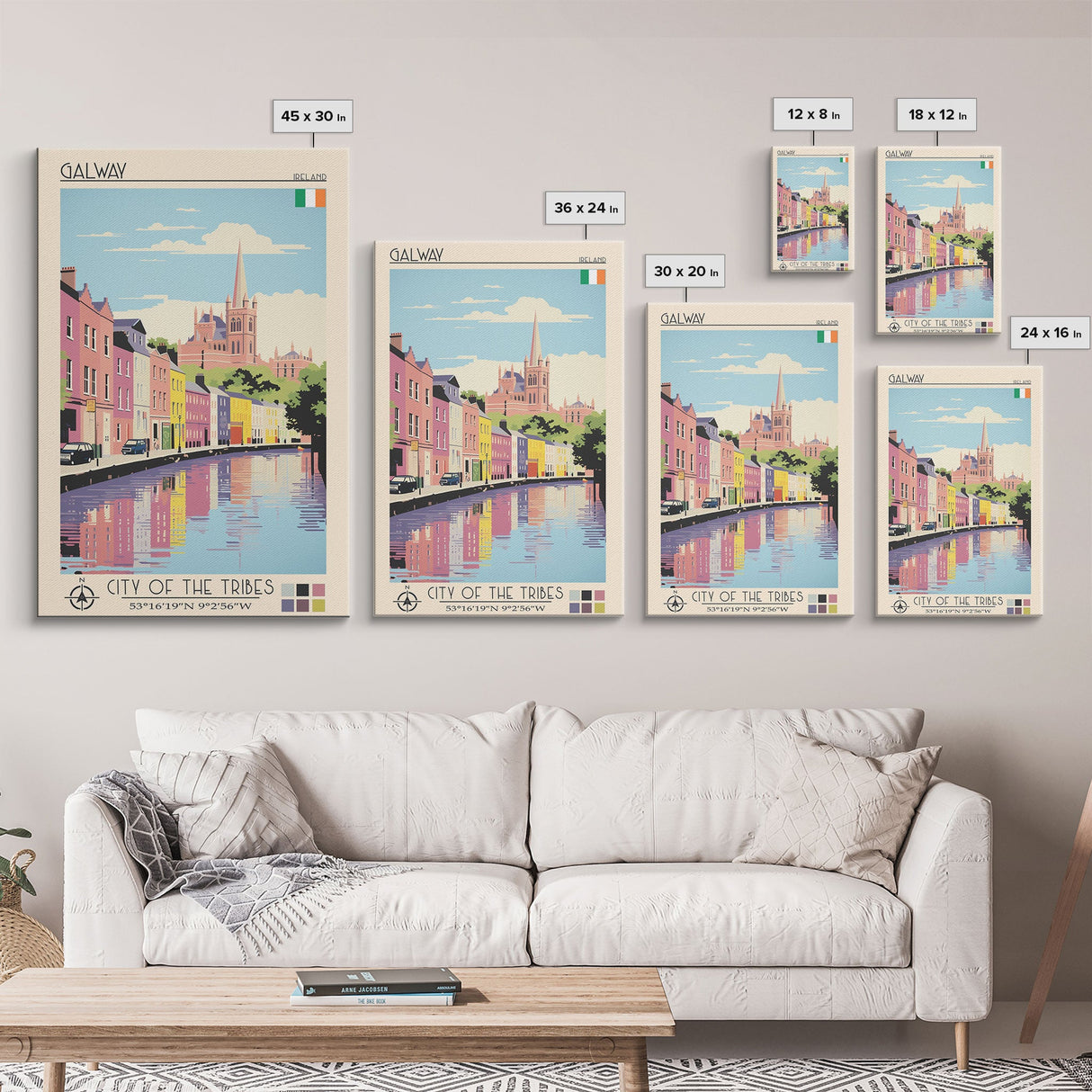 Galway Ireland Travel Poster Framed Canvas Print, Midcentury Modern Art, Pop Art Wall Decor, Scenic Bedroom Art, Office Decoration