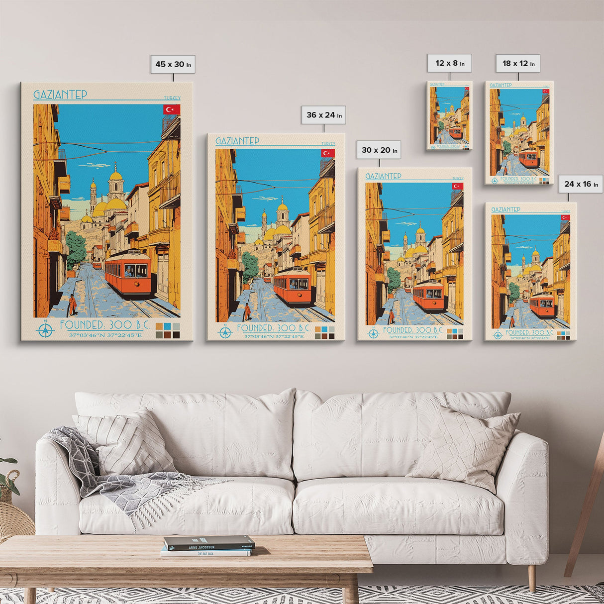 Gaziantep Turkey Travel Poster Framed Canvas Print, Midcentury Modern Art, Pop Art Wall Decor, Scenic Living Room Art, Bedroom Decor