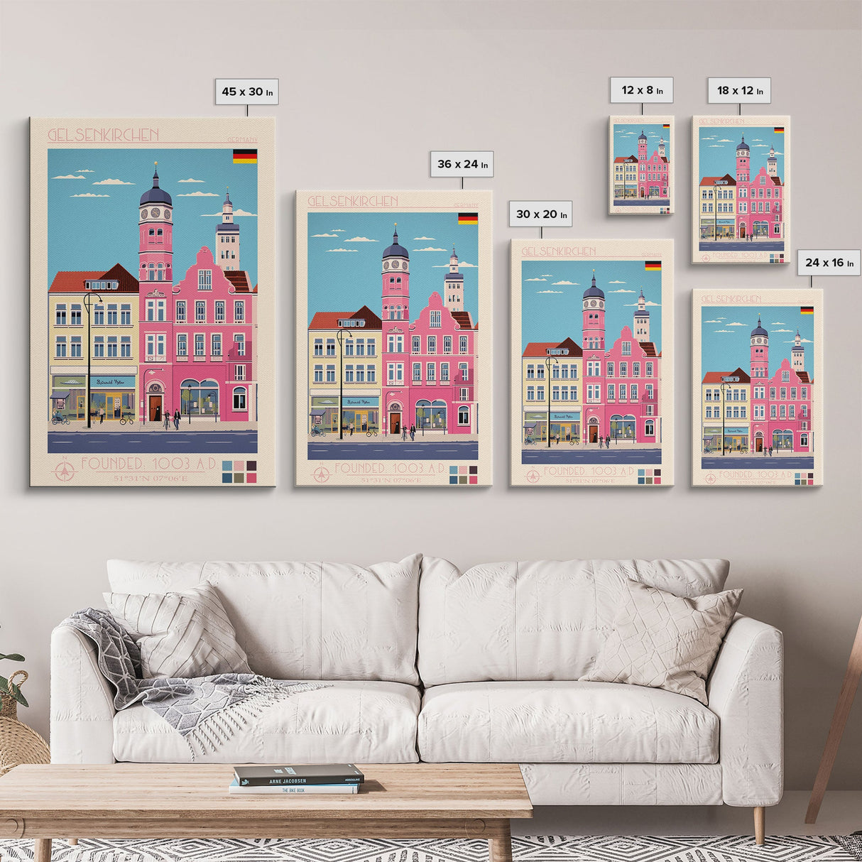 Gelsenkirchen Germany Travel Poster Framed Canvas Print, Midcentury Modern Art, Pop Art Wall Decor, Scenic Living Room Art, Bedroom Gift