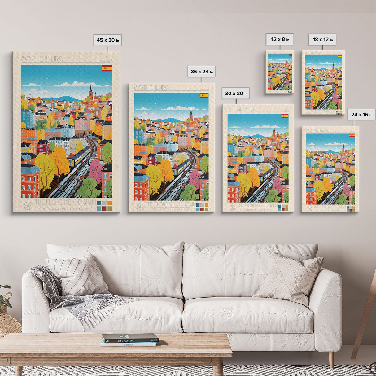 Gothenburg Sweden Travel Poster Framed Canvas Print, Midcentury Modern Art, Pop Art Wall Decor, Scenic Bedroom Art, Office Decoration
