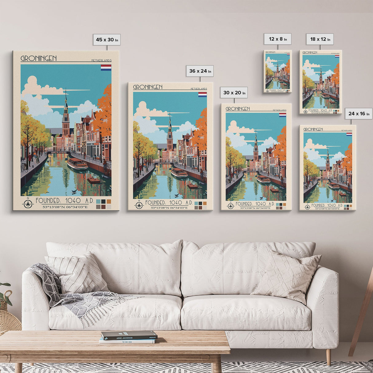 Groningen Netherlands Travel Poster Framed Canvas Print, Midcentury Modern Art, Pop Art Wall Decor, Scenic Living Room Art, Bedroom Gift