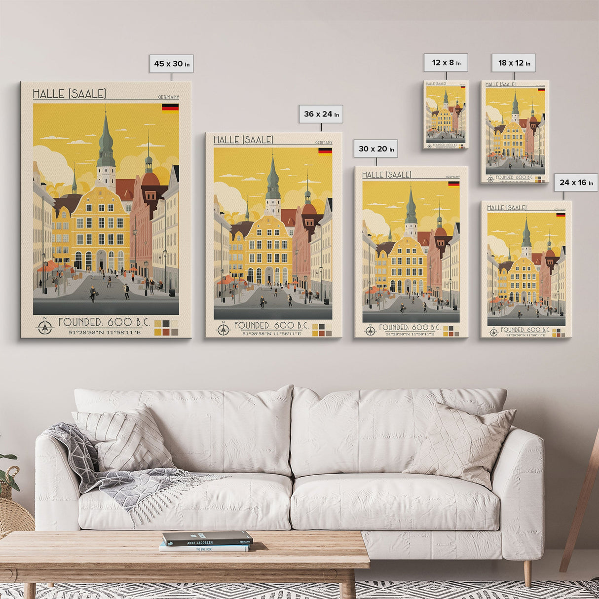 Halle Germany Travel Poster Framed Canvas Print, Midcentury Modern Art, Pop Art Wall Decor, Scenic Living Room Art, Bedroom Decor