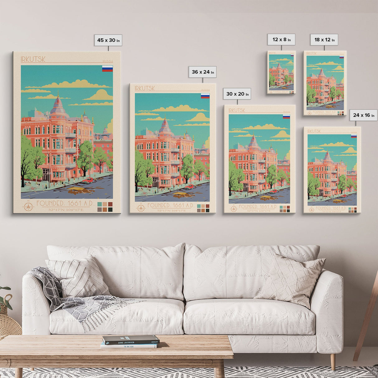 Irkutsk Russia Travel Poster Framed Canvas Print, Midcentury Modern Art, Pop Art Wall Decor, Scenic Bedroom Art, Office Decoration