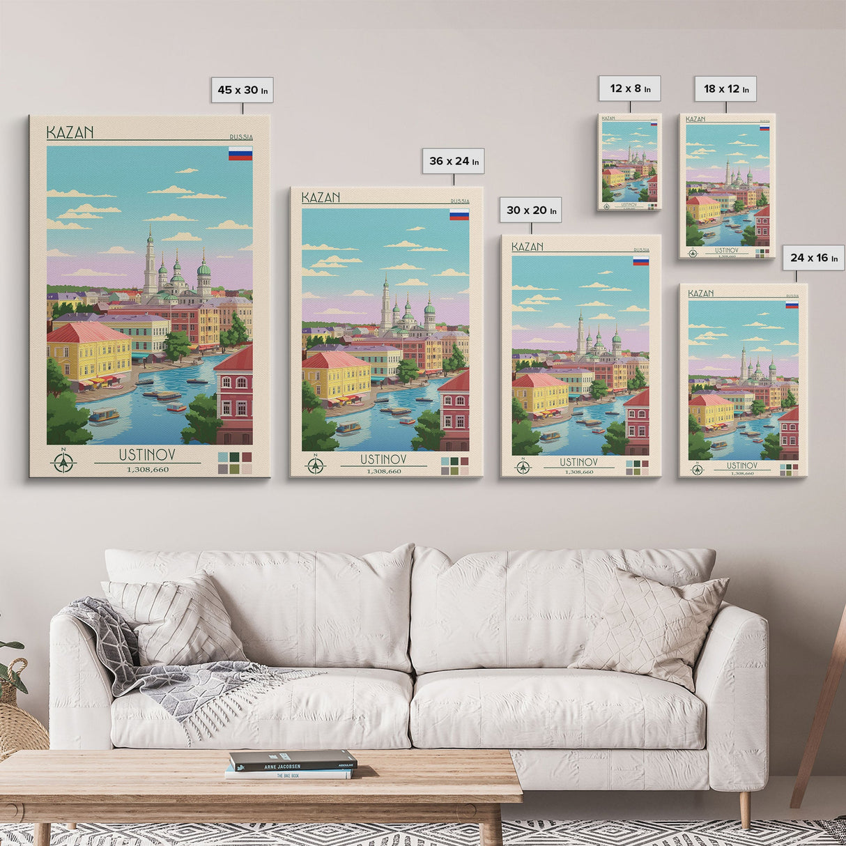 Kazan Russia Travel Poster Framed Canvas Print, Midcentury Modern Art, Pop Art Wall Decor, Scenic Bedroom Art, Office Decoration