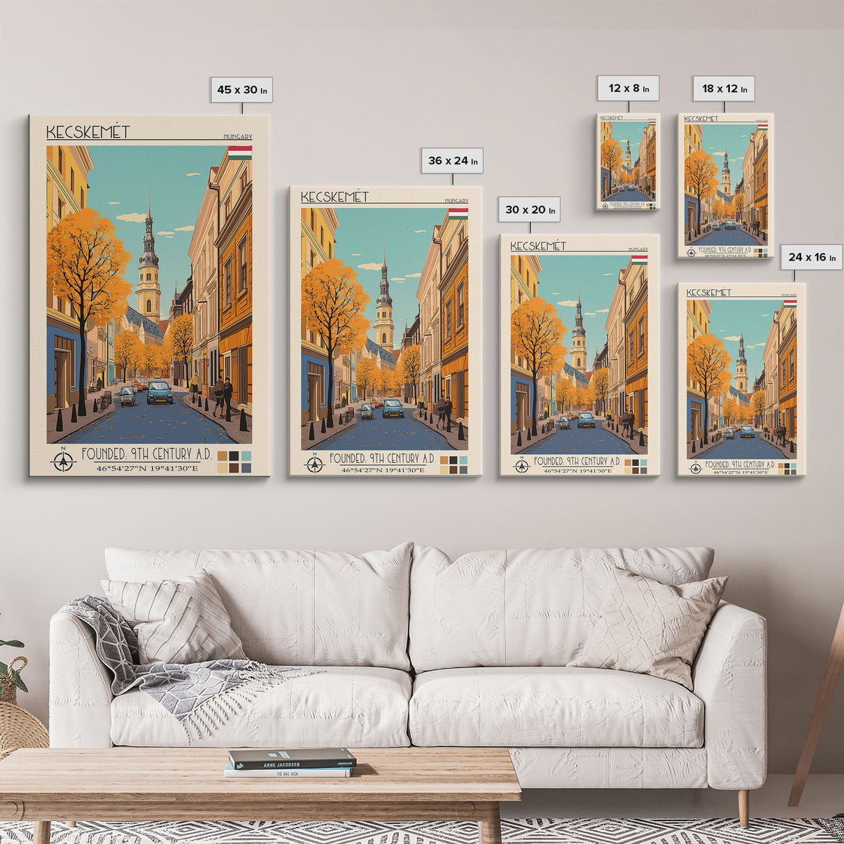 Kecskemét Hungary Travel Poster Framed Canvas Print, Midcentury Modern Art, Pop Art Wall Decor, Scenic Living Room Art, Bedroom Decor