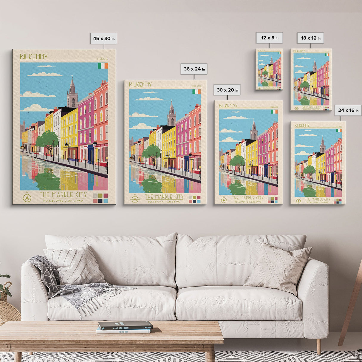 Kilkenny Ireland Travel Poster Framed Canvas Print, Midcentury Modern Art, Pop Art Wall Decor, Scenic Bedroom Art, Office Decoration