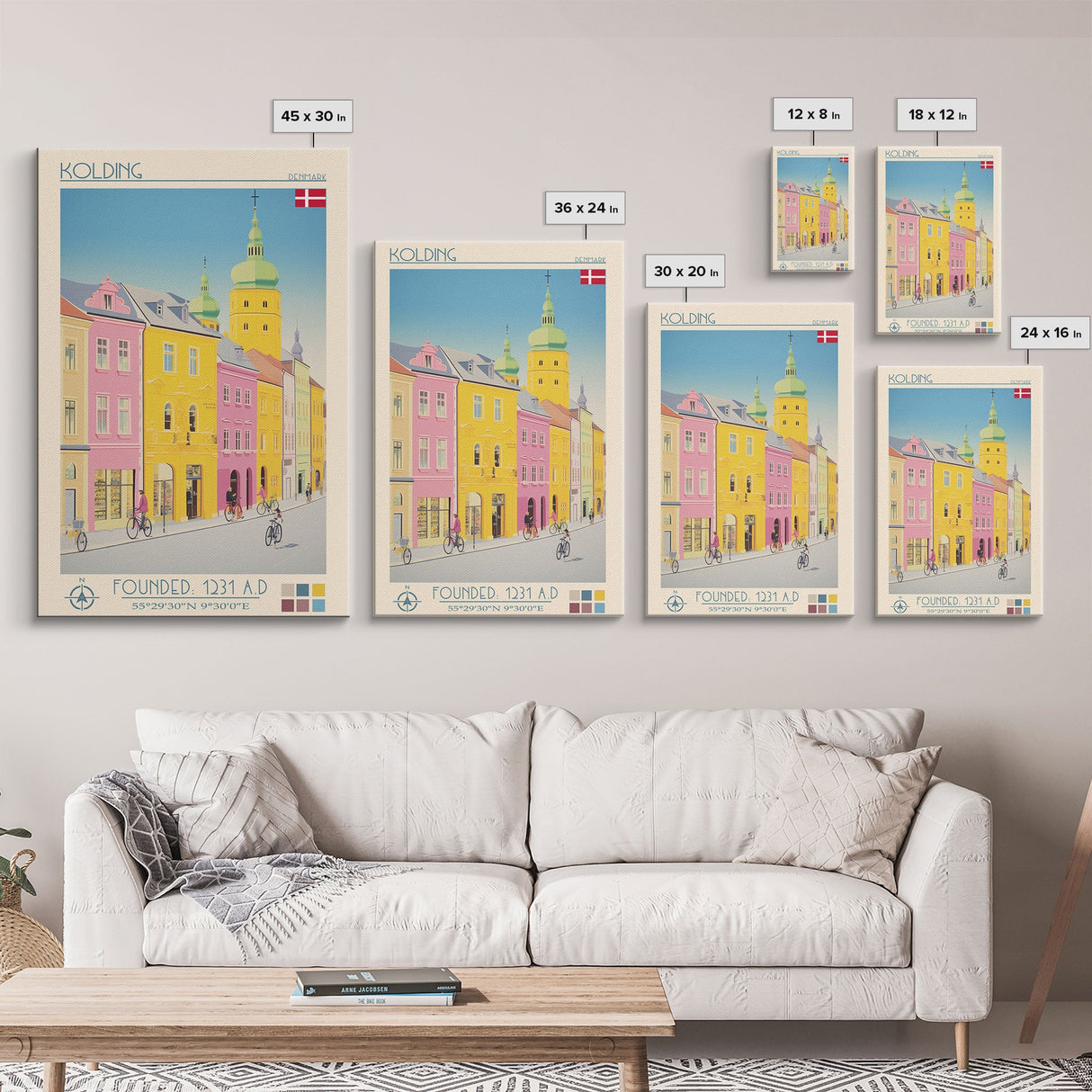 Kolding Denmark Travel Poster Framed Canvas Print, Midcentury Modern Art, Pop Art Wall Decor, Scenic Living Room Art, Bedroom Gift