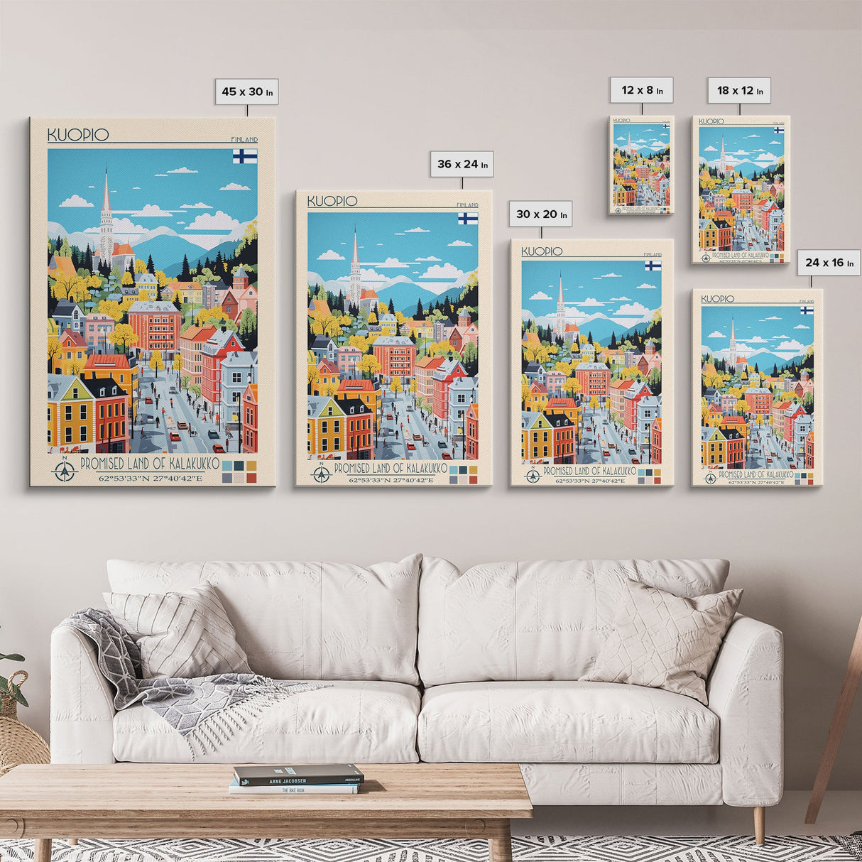 Kuopio Finland Travel Poster Framed Canvas Print, Midcentury Modern Art, Pop Art Wall Decor, Home Decor, Vacation Gift, Bedroom Art