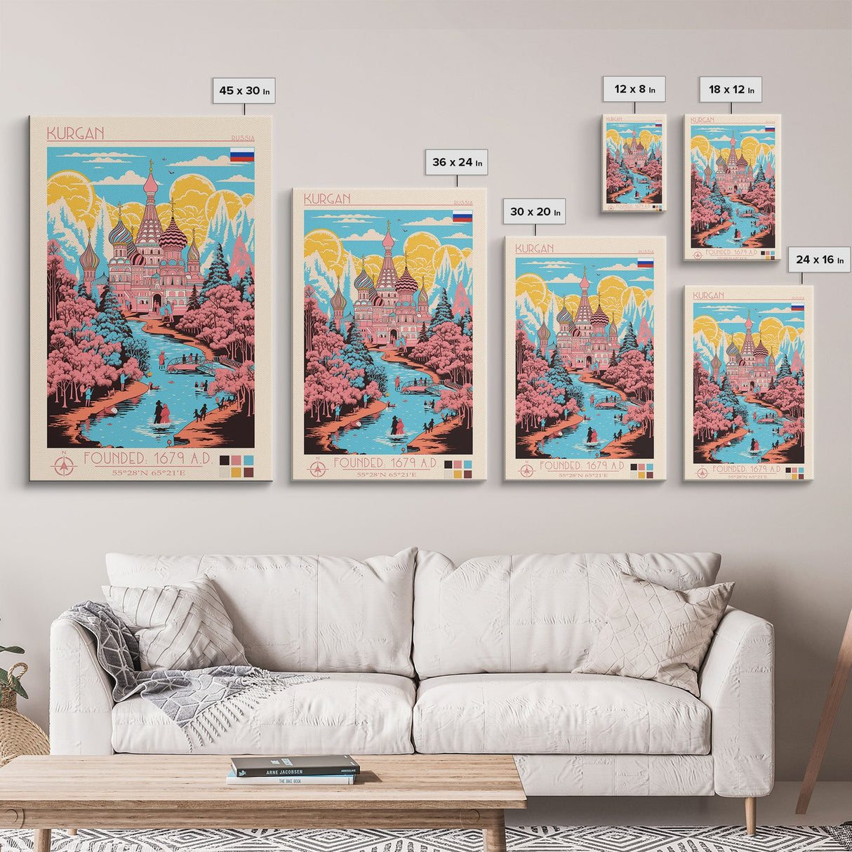 Kurgan Russia Travel Poster Framed Canvas Print, Midcentury Modern Art, Pop Art Wall Decor, Scenic Wall Art, Living Room Decoration, Office Gift