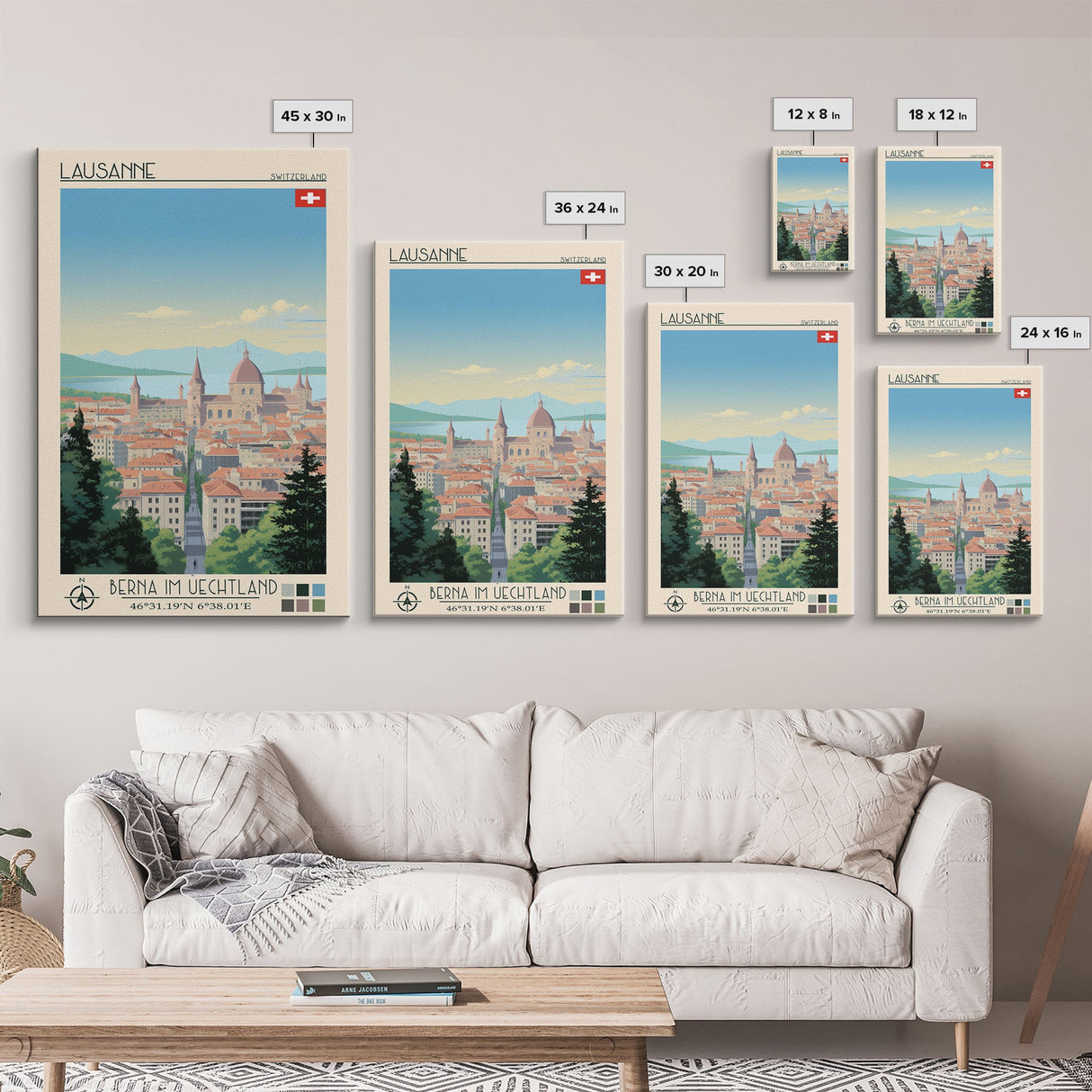 Lausanne Switzerland Travel Poster Framed Canvas Print, Midcentury Modern Art, Pop Art Wall Decor, Scenic Wall Art, Living Room Decoration, Office Art