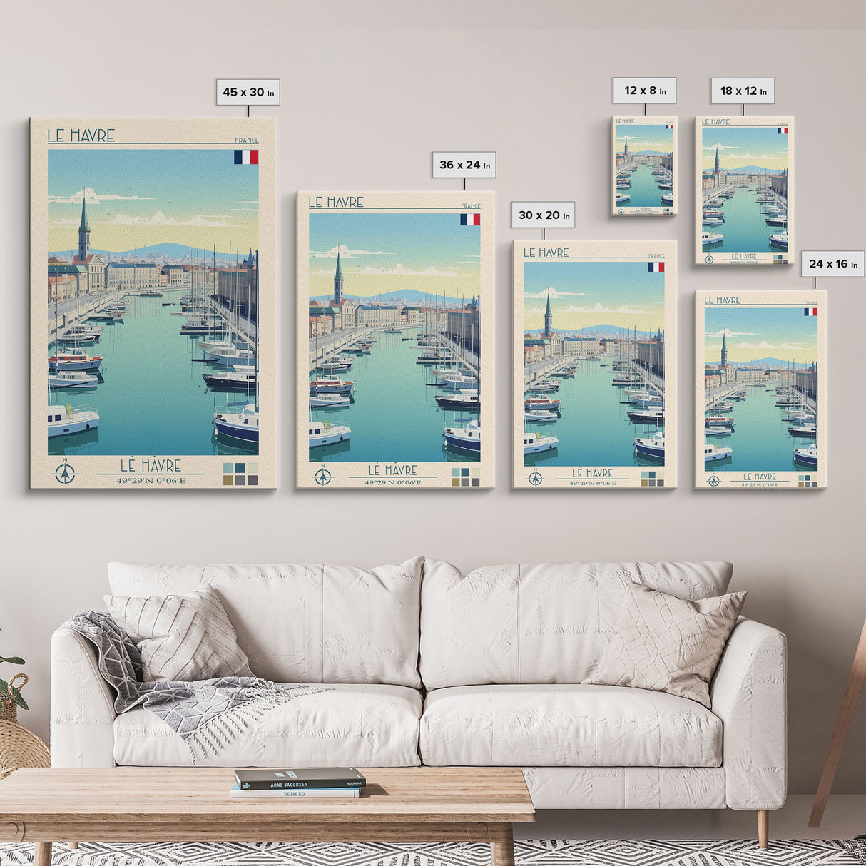 Le Havre France Travel Poster Framed Canvas Print, Midcentury Modern Art, Pop Art Wall Decor, Scenic Bedroom Art, Office Decoration