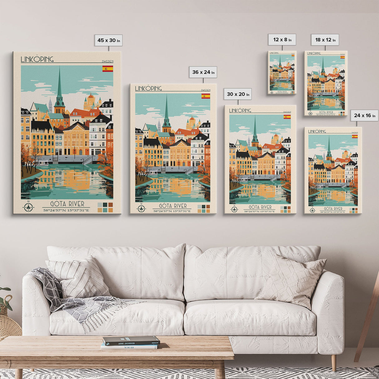 Linköping Sweden Travel Poster Framed Canvas Print, Midcentury Modern Art, Pop Art Wall Decor, Scenic Art, Home and Office Decoration