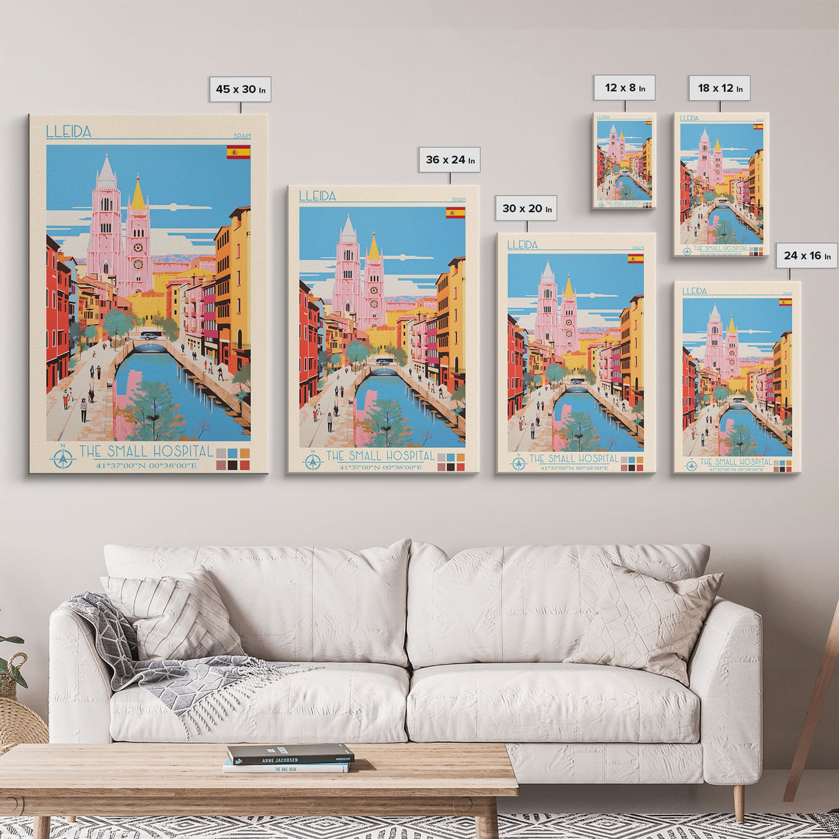 Lleida Spain Travel Poster Framed Canvas Print, Midcentury Modern Art, Pop Art Wall Decor, Scenic Art, Living Room and Office Gift