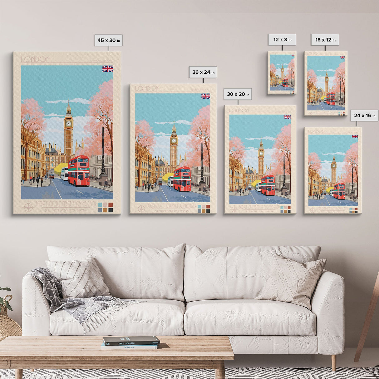 London United Kingdom Travel Poster Framed Canvas Print, Wall Decor, Midcentury Modern Art, Pop Art, Scenic Art for Office and Home