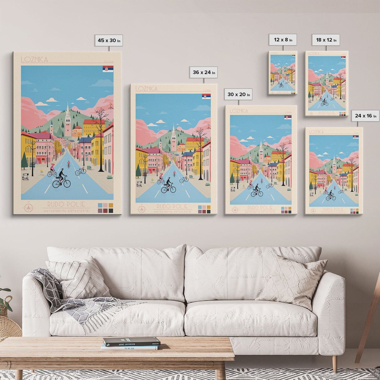 Loznica Serbia Travel Poster Framed Canvas Print, Midcentury Modern Art, Pop Art Wall Decor, Scenic Art, Home and Office Decoration
