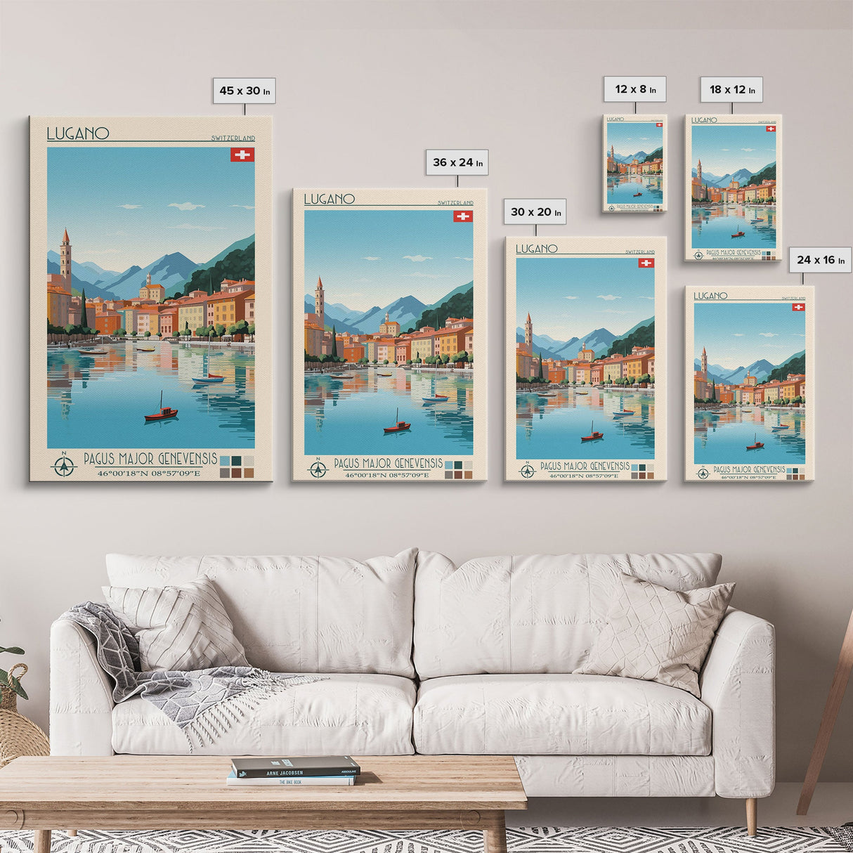 Lugano Switzerland Travel Poster Framed Canvas Print, Midcentury Modern Art, Pop Art Wall Decor, Scenic Art, Bedroom and Living Room Decor