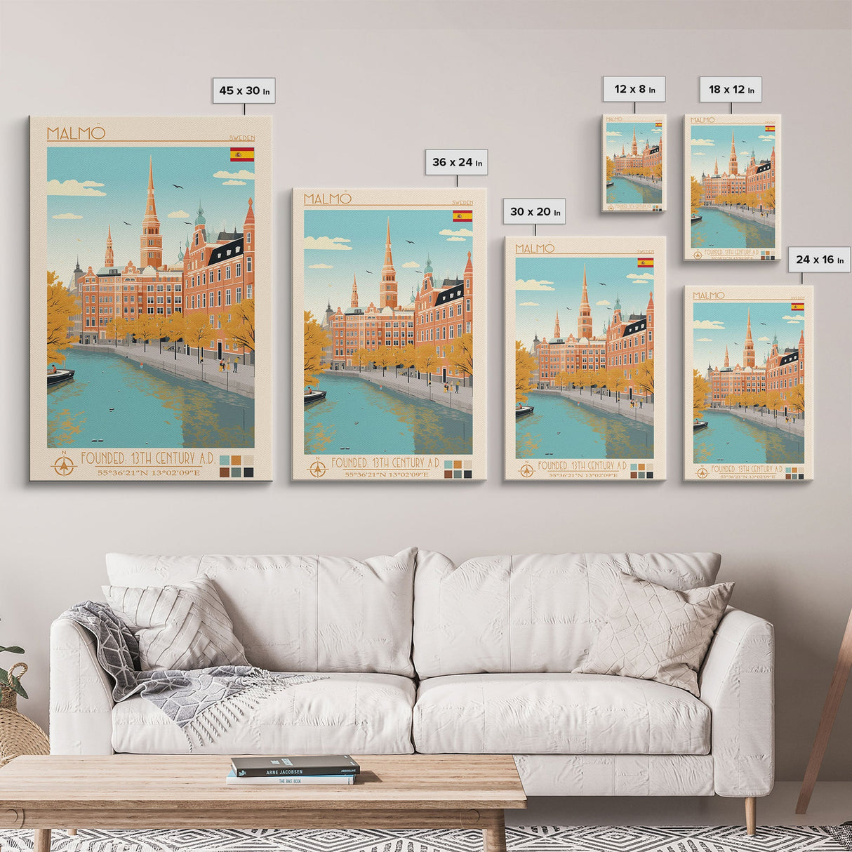 Malmö Sweden Travel Poster Framed Canvas Print, Midcentury Modern Art, Pop Art Wall Decor, Scenic Wall Art, Bedroom Decoration