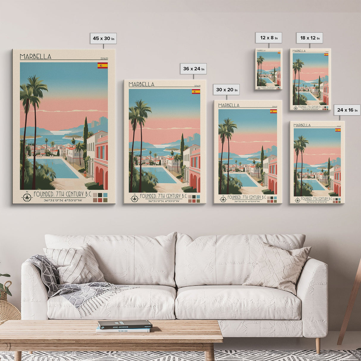 Marbella Spain Travel Poster Framed Canvas Print, Midcentury Modern Art, Pop Art Wall Decor, Scenic Living Room Art, Bedroom Decor