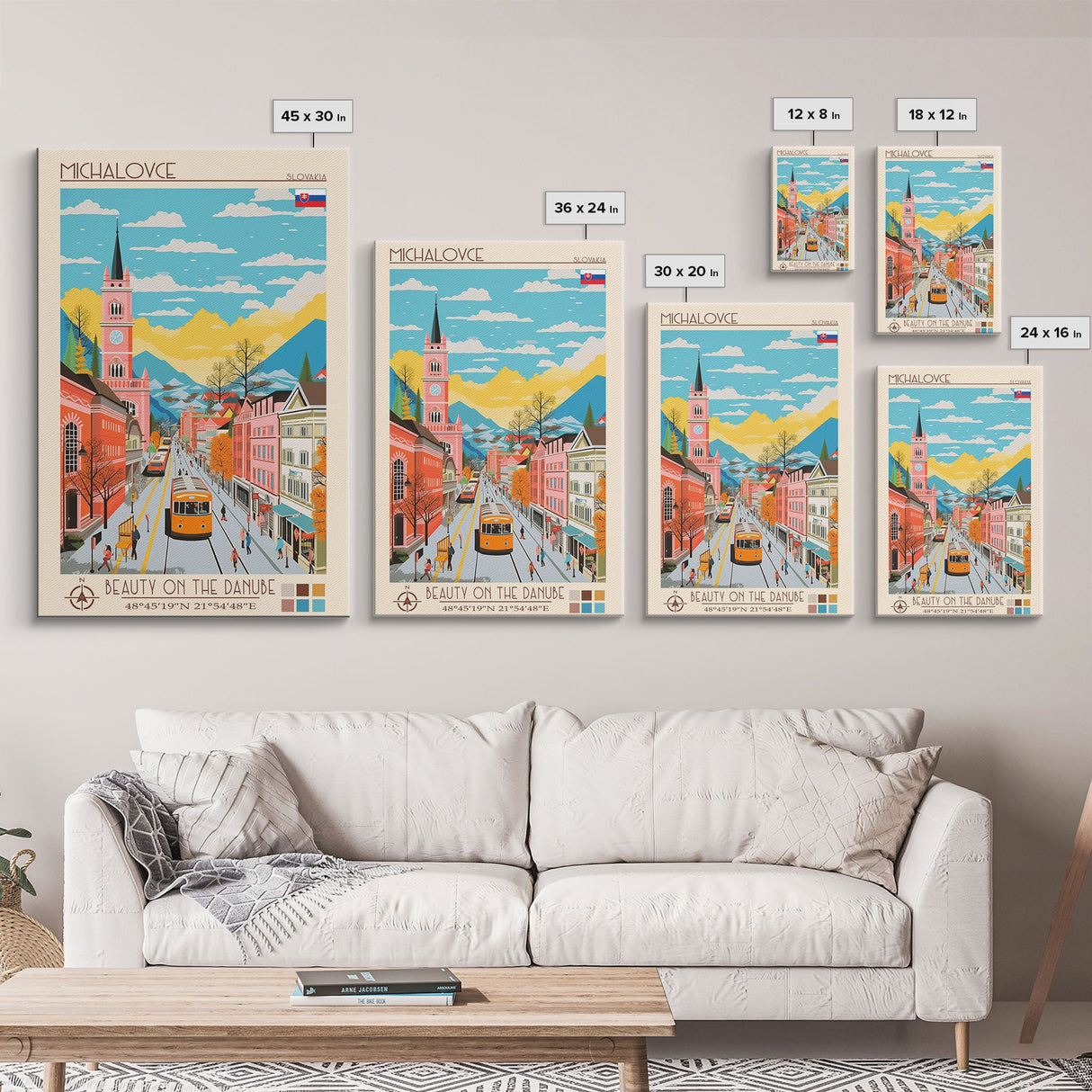 Michalovce Slovakia Travel Poster Framed Canvas Print, Midcentury Modern Art, Pop Art Wall Decor, Scenic Wall Art, Living Room Decoration, Office Art