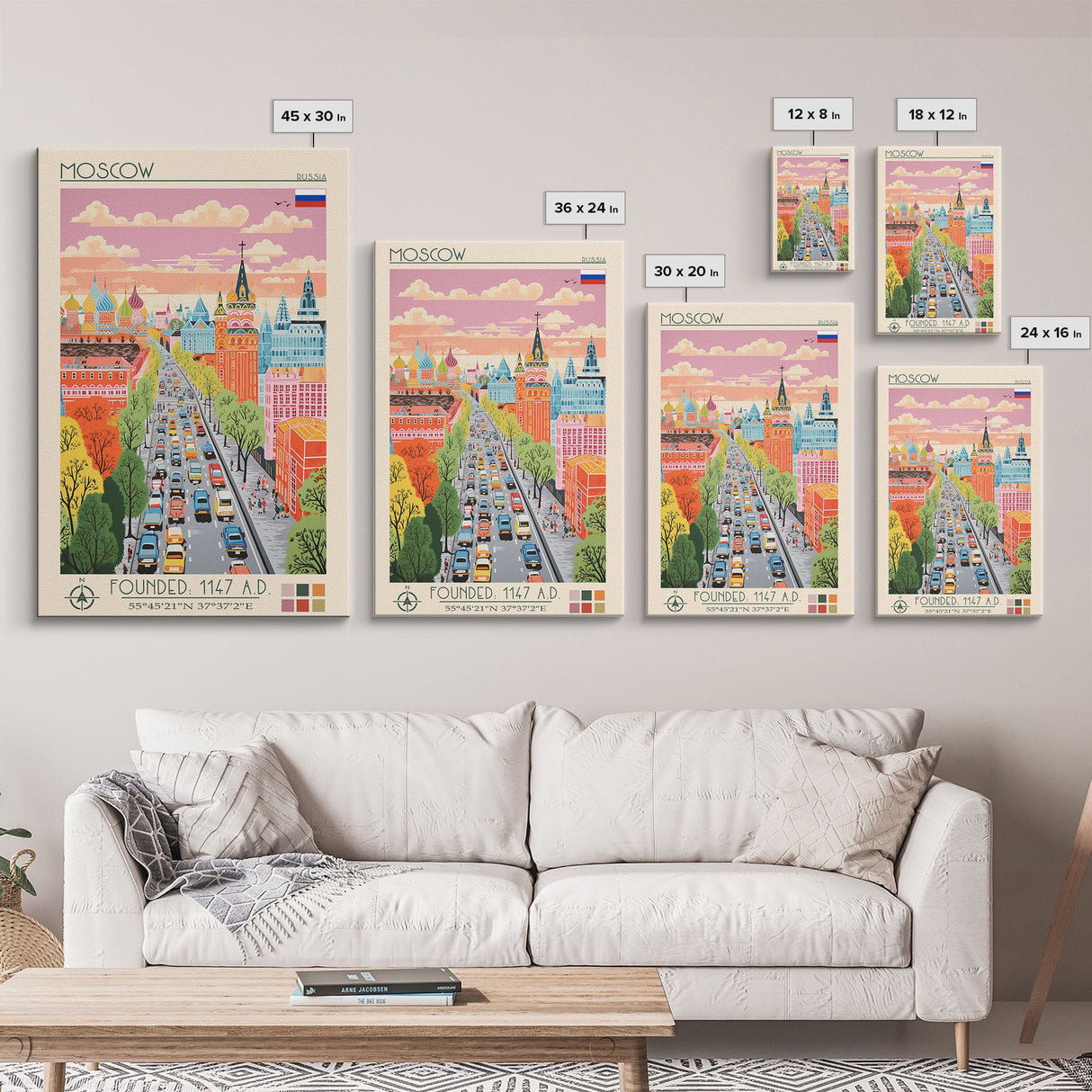 Moscow Russia Travel Poster Framed Canvas Print, Midcentury Modern Art, Pop Art Wall Decor, Scenic Wall Art, Living Room Decoration, Office Art
