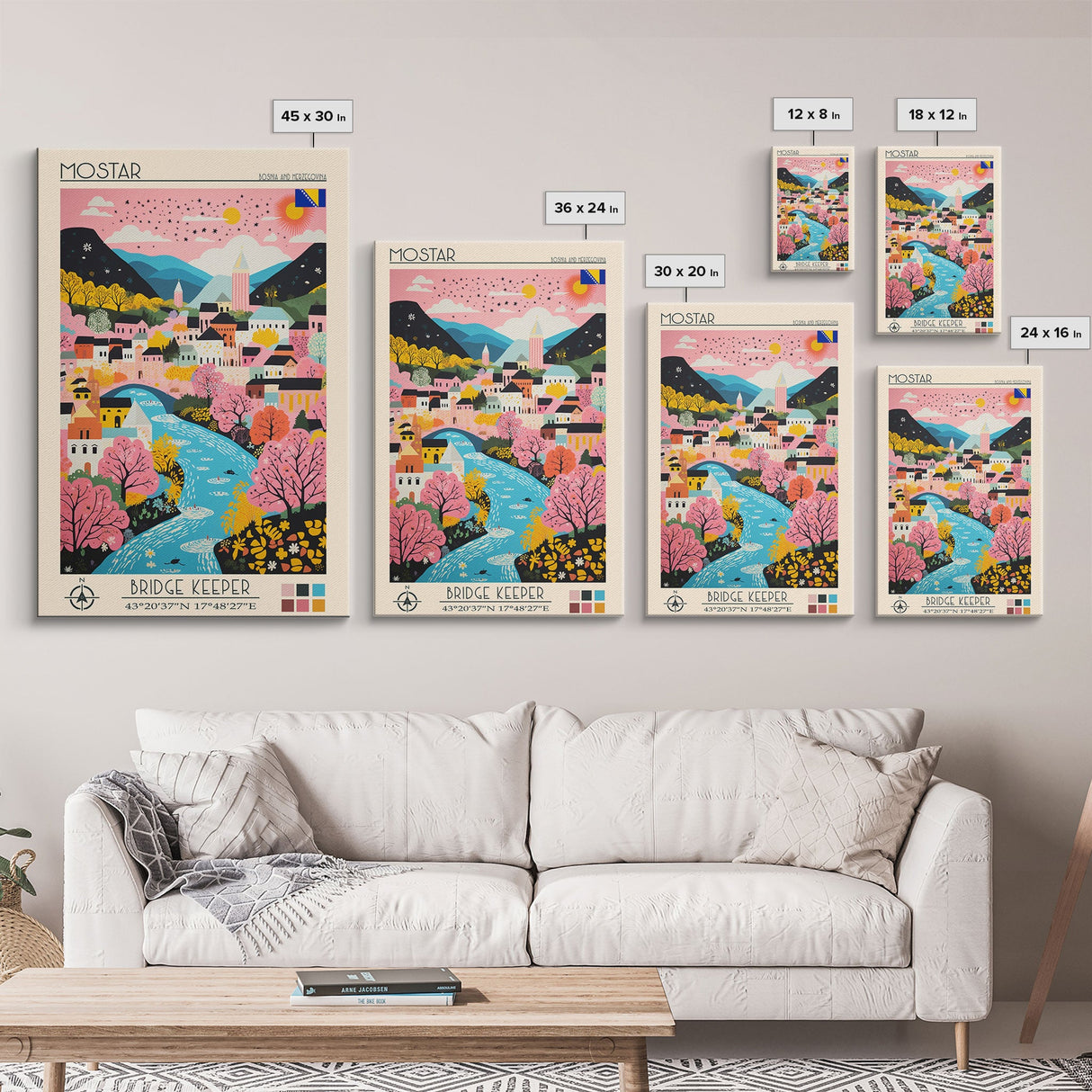 Mostar Bosnia and Herzegovina Travel Poster Framed Canvas Print, Midcentury Modern Art, Pop Art Wall Decor, Home Decor, Vacation Gift, Bedroom Art