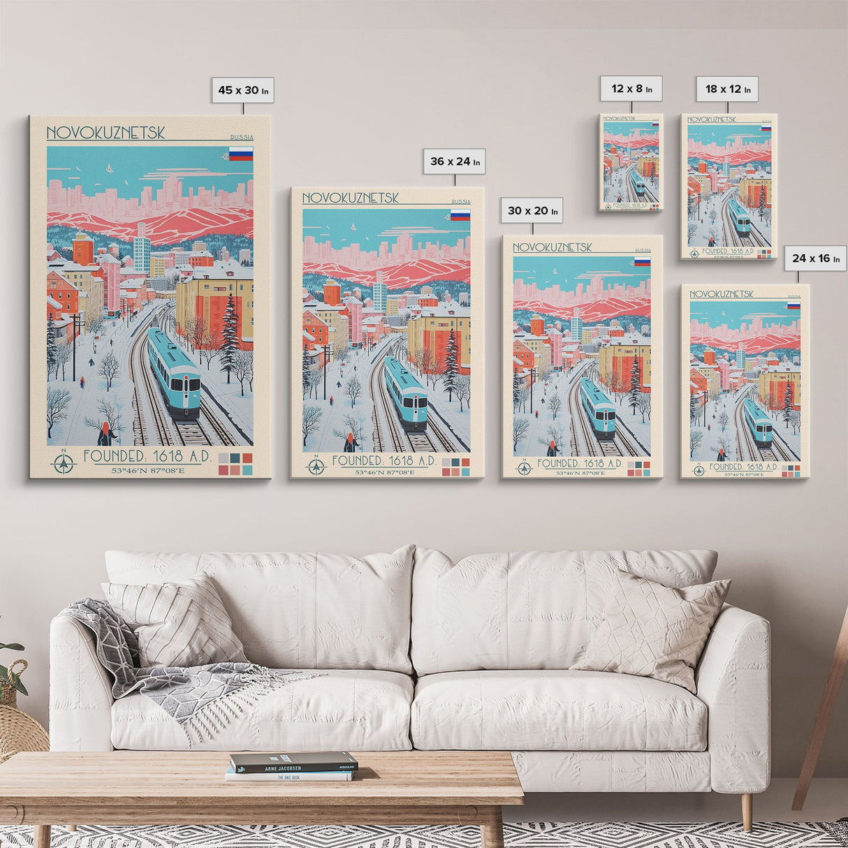 Novokuznetsk Russia Travel Poster Framed Canvas Print, Midcentury Modern Art, Pop Art Wall Decor, Scenic Wall Art, Living Room Decoration, Office Art