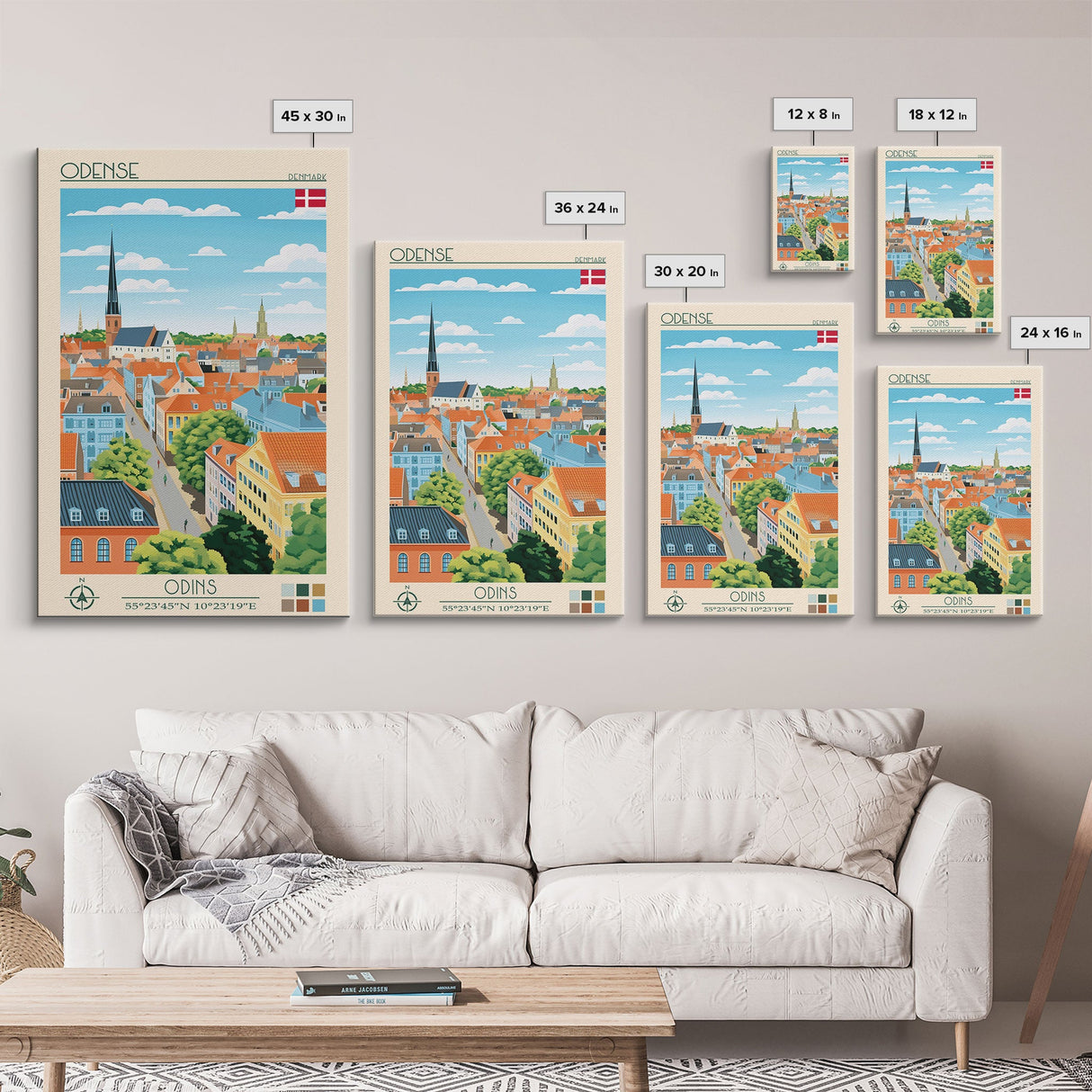 Odense Denmark Travel Poster Framed Canvas Print, Midcentury Modern Art, Pop Art Wall Decor, Scenic Wall Art, Living Room Decoration, Office Art