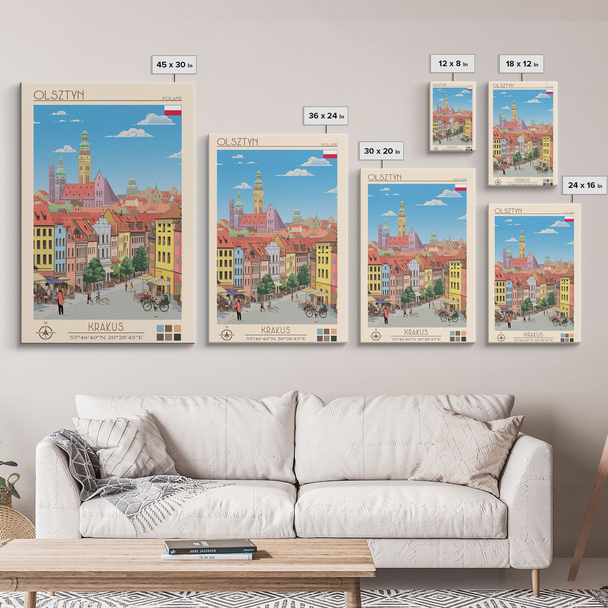 Olsztyn Poland Travel Poster Framed Canvas Print, Midcentury Modern Art, Pop Art Wall Decor, Scenic Wall Art, Bedroom Decoration