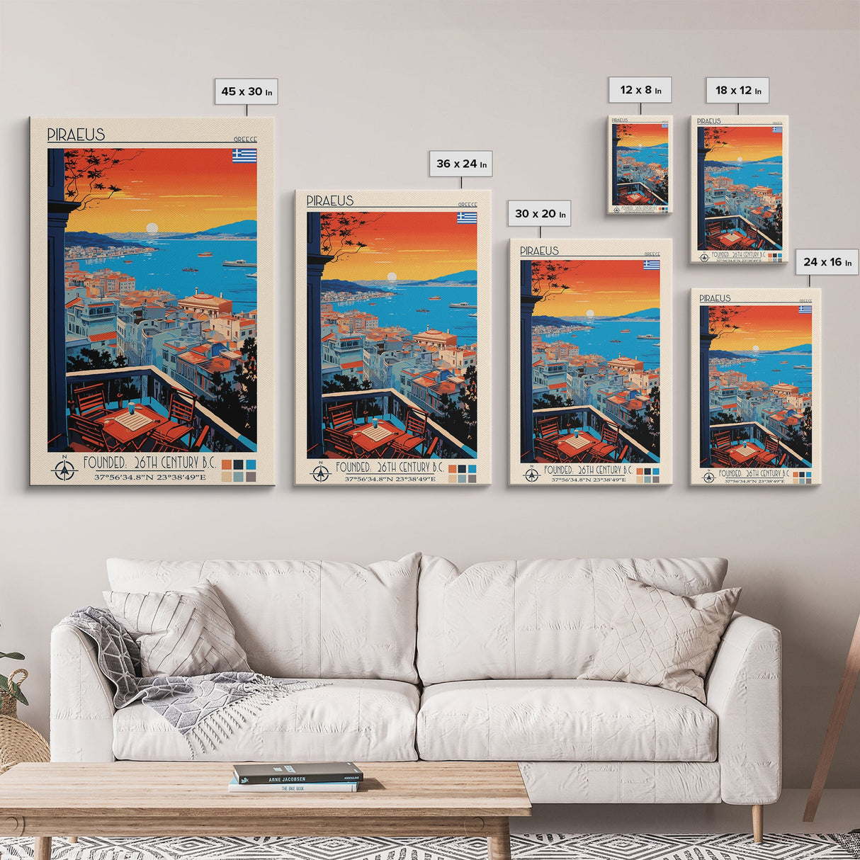 Piraeus Greece Travel Poster Framed Canvas Print, Midcentury Modern Art, Pop Art Wall Decor, Scenic Wall Art, Living Room Decoration, Office Art