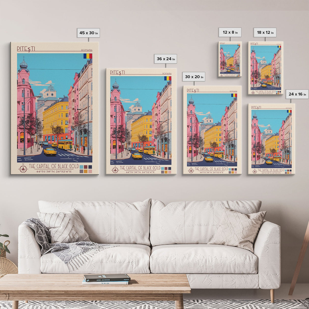 Pitești Romania Travel Poster Framed Canvas Print, Midcentury Modern Art, Pop Art Wall Decor, Home Decor, Vacation Gift, Bedroom Art