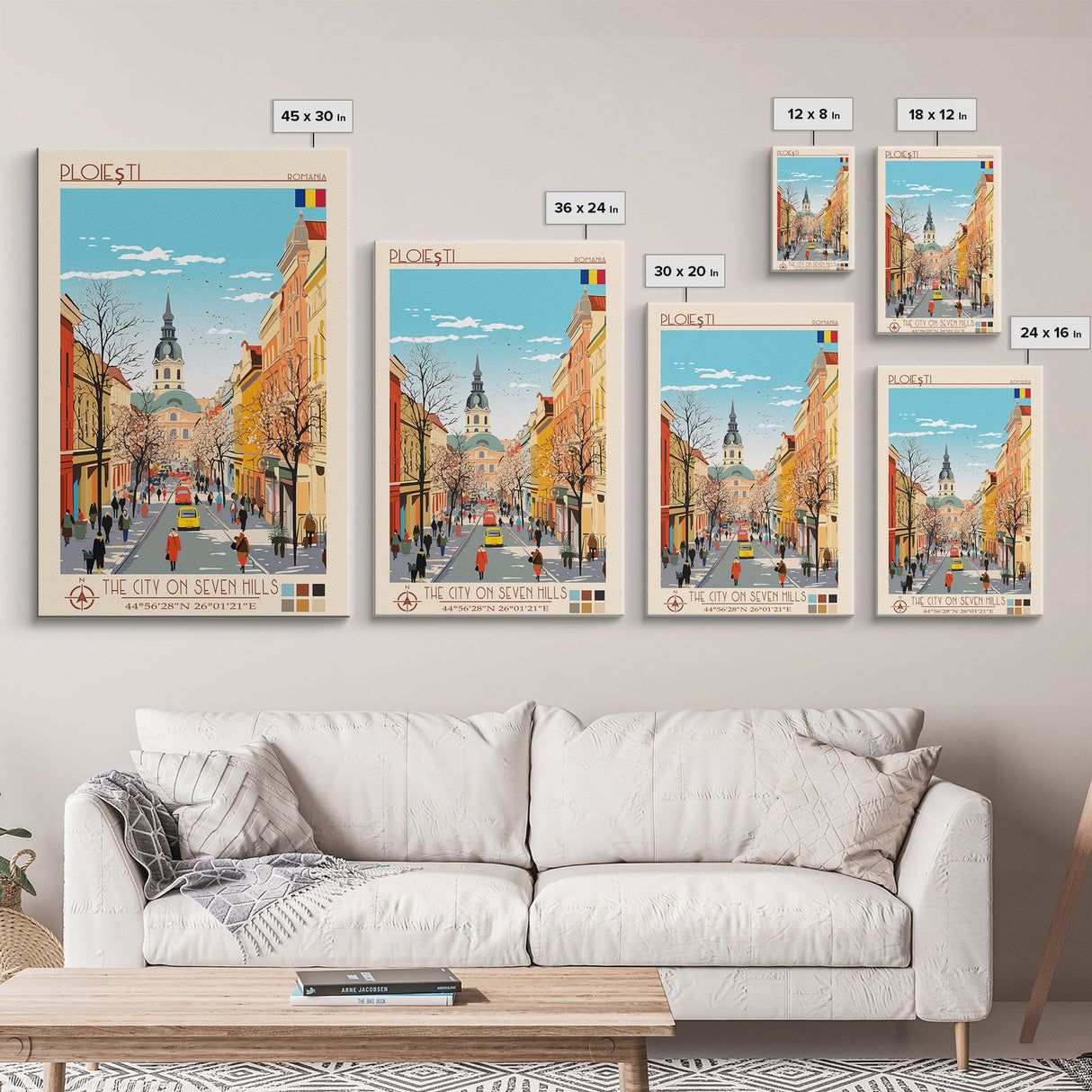 Ploiești Romania Travel Poster Framed Canvas Print, Midcentury Modern Art, Pop Art Wall Decor, Scenic Wall Art, Bedroom Decoration