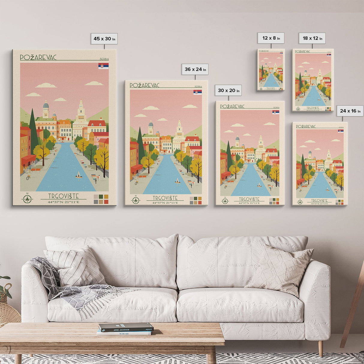 Požarevac Serbia Travel Poster Framed Canvas Print, Midcentury Modern Art, Pop Art Wall Decor, Scenic Living Room Art, Bedroom Decor