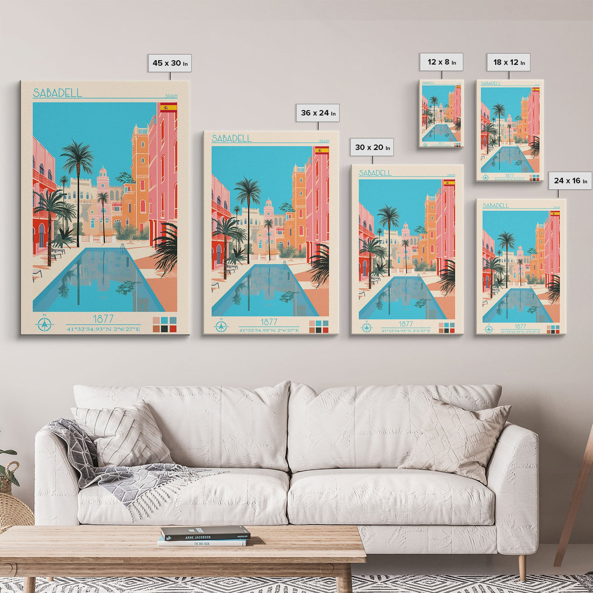 Sabadell Spain Travel Poster Framed Canvas Print, Midcentury Modern Art, Pop Art Wall Decor, Home Decor, Vacation Gift, Office Art
