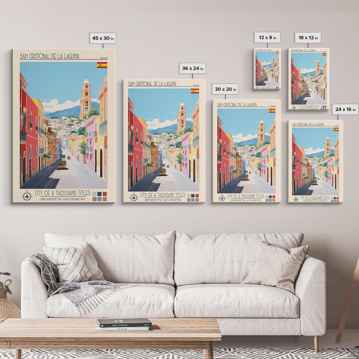 San Cristóbal de La Laguna Spain Travel Poster Framed Canvas Print, Midcentury Modern Art, Pop Art Wall Decor, Bedroom Decor, Scenic Art