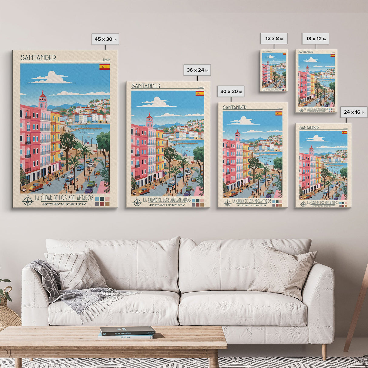 Santander Spain Travel Poster Framed Canvas Print, Midcentury Modern Art, Pop Art Wall Decor, Scenic Wall Art, Vacation Gift