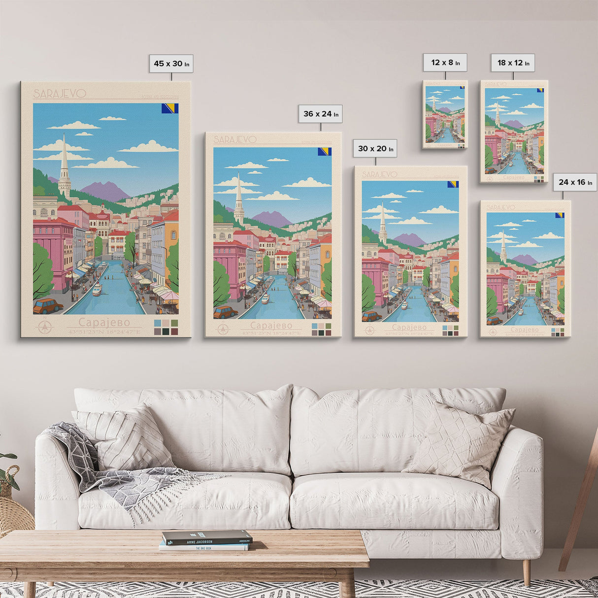 Sarajevo Bosnia and Herzegovina Travel Poster Framed Canvas Print, Midcentury Modern Art, Pop Art Wall Decor, Home Decor, Office Decoration