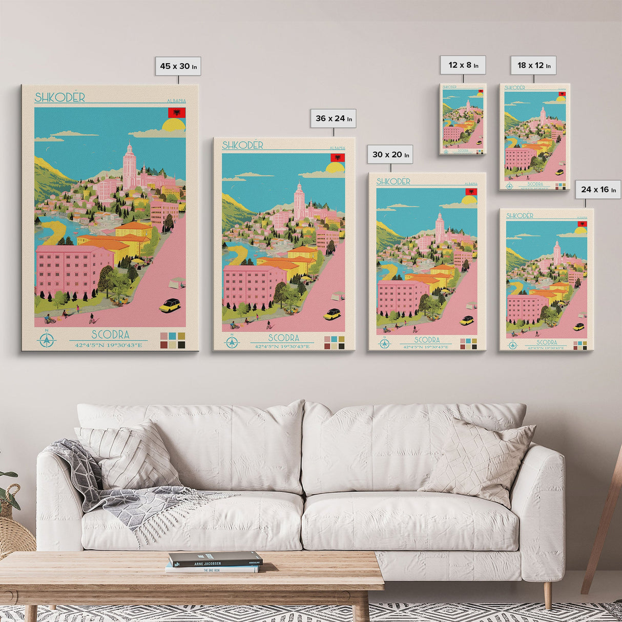Shkodër Albania Travel Poster Framed Canvas Print, Midcentury Modern Art, Pop Art Wall Decor, Scenic Wall Art, Bedroom Decoration