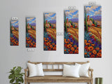 Framed and Printed Canvas Painting of Colorful Tuscan Countryside, Gouache Textured Canvas Painting, Botanical Wall Art Print, Skinny Art