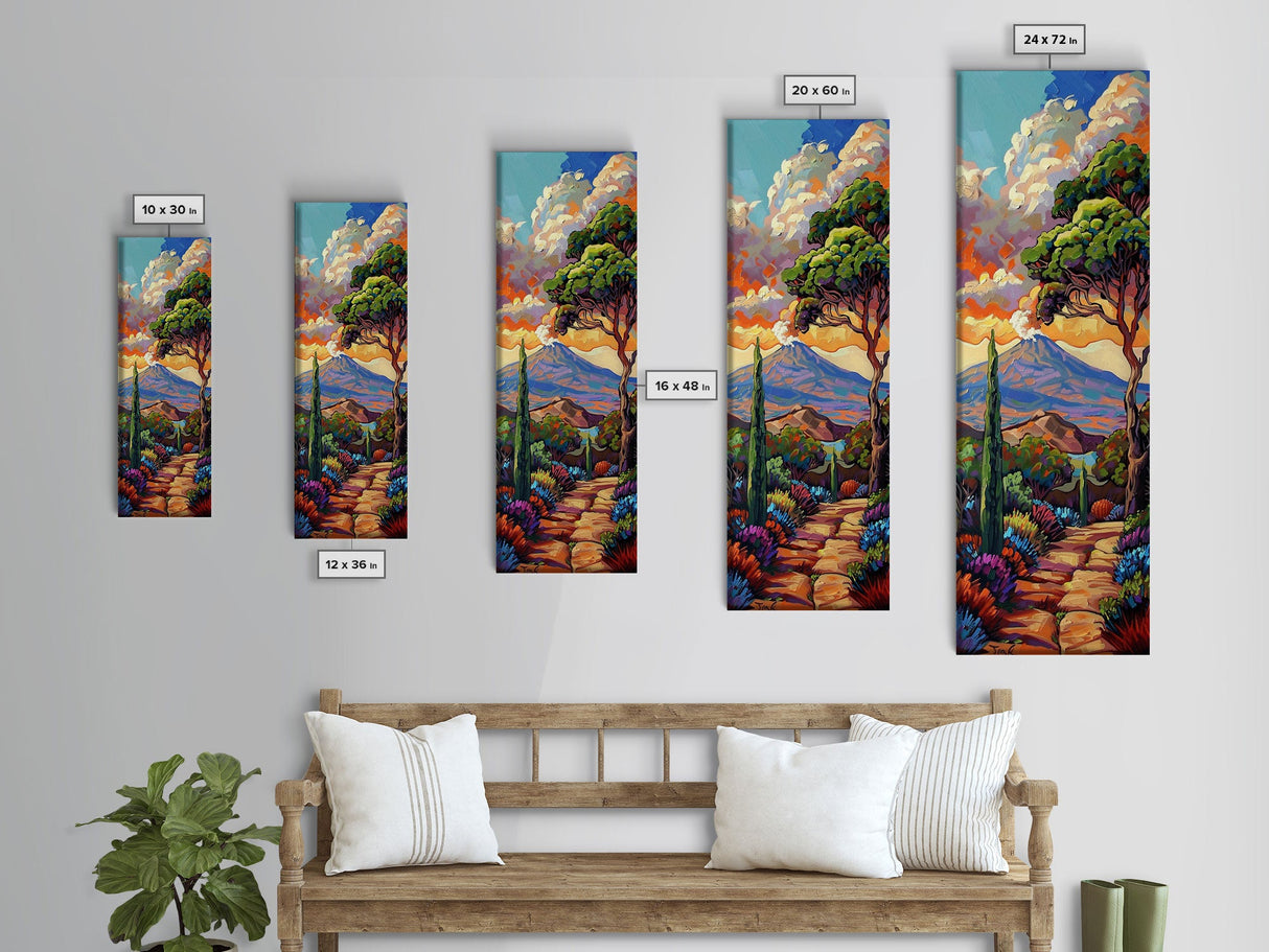 Colorful Textured Canvas Painting of Erupting Volcano Landscape, Tall and Narrow Vertical Art for Office, Mountain Wall Art Prints Framed