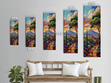 Colorful Textured Canvas Painting of Erupting Volcano Landscape, Tall and Narrow Vertical Art for Office, Mountain Wall Art Prints Framed