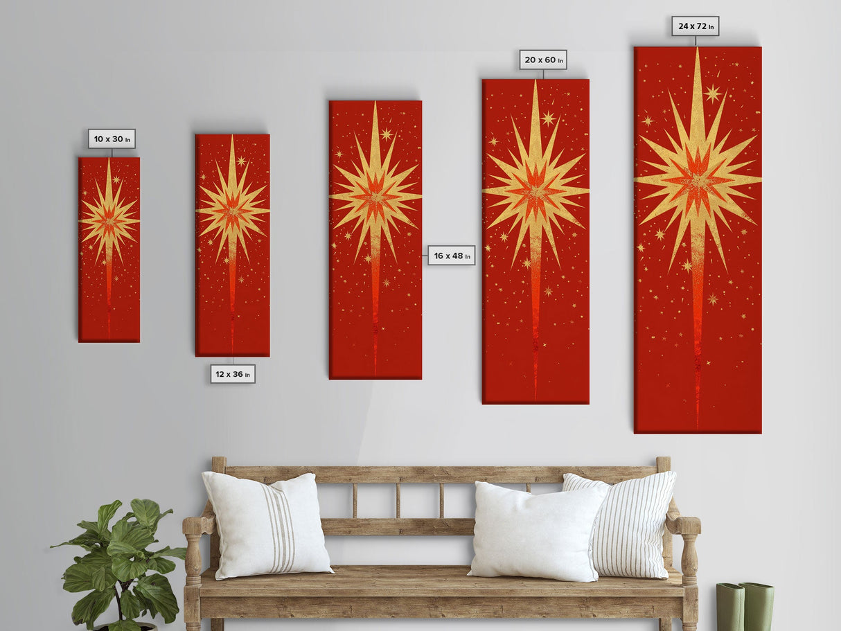 Retro Sunburst Art on Distressed Background - Framed Canvas Print, Midcentury Modern Skinny Art, Tall Wall Art for Living Room or Bedroom Decor