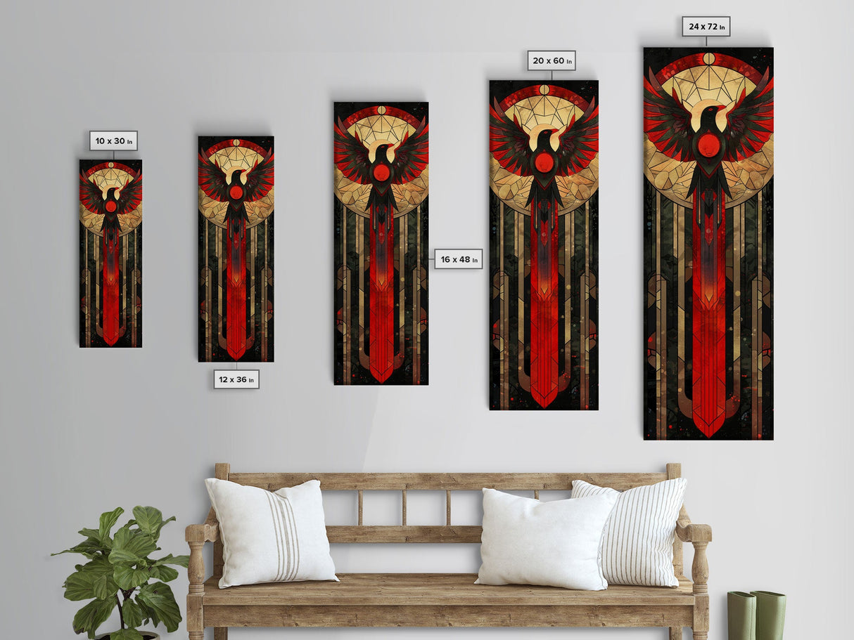 Red and Gold Phoenix Design on Geometric Background - Framed Canvas Print, Midcentury Modern Art, Skinny Art, Tall Art, Living Room Wall Decor, Boho Art