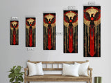 Red and Gold Phoenix Design on Geometric Background - Framed Canvas Print, Midcentury Modern Art, Skinny Art, Tall Art, Living Room Wall Decor, Boho Art