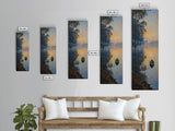 Calm River Reflection with a Lone Boat, Skinny and Tall Art, Serene Landscape Framed Canvas Print, Tranquil Wall Art
