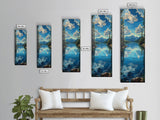 Framed Canvas Print Skinny Art of a Clear Lake Surrounded by Pine Trees with Majestic Mountains in the Distance Under a Blue Sky, Ideal Tall Landscape Art