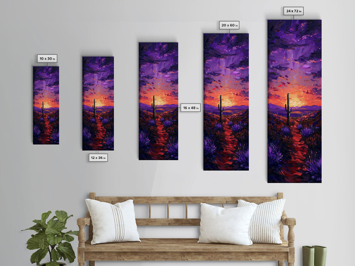 Colorful Sunset Over a Desert Landscape with a Saguaro Cactus and Dramatic Sky on a Framed Canvas Print Skinny Art Piece