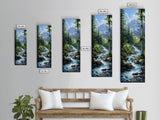 Majestic Mountain Stream In A Serene Forest Landscape, Farmhouse And Minimalist Art Style, Boho Wall Art In Tall Canvas Print