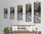 Snowy Forest Path With Footprints, Winter Scene In Farmhouse Style, Tall Canvas Print For Rustic Boho Wall Art